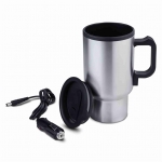 Caneca de Inox elétrica para carro, capacidade para 450 ml. Medidas aproximadas para gravação (CxD): 15,8 cm x 27,5 cm (Circunferência) Peso: 241 g