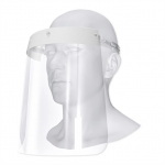 Máscara PETG de proteção facial, sua utilização evita o contato com gotículas, salivas e fluídos nasais que possam atingir a face. Contém: visor PETG 100% transparente, suporte com testeira revestida em PVC expandido e elástico regulável de silicone. Para montagem do protetor facial, fixe o elástico nos pinos das extremidades do suporte, posteriormente remova a película protetora do PETG e faça o encaixe nos quatro pinos do suporte. Altura : 22 cm Largura : 24 cm